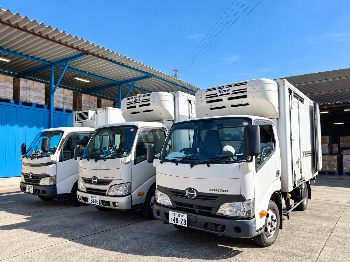 配送拠点に並ぶ冷蔵車両