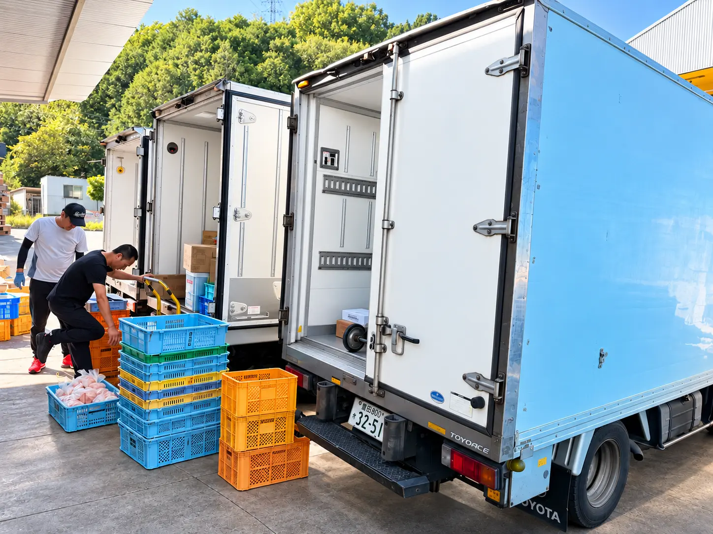 冷蔵車への食材積み込み作業